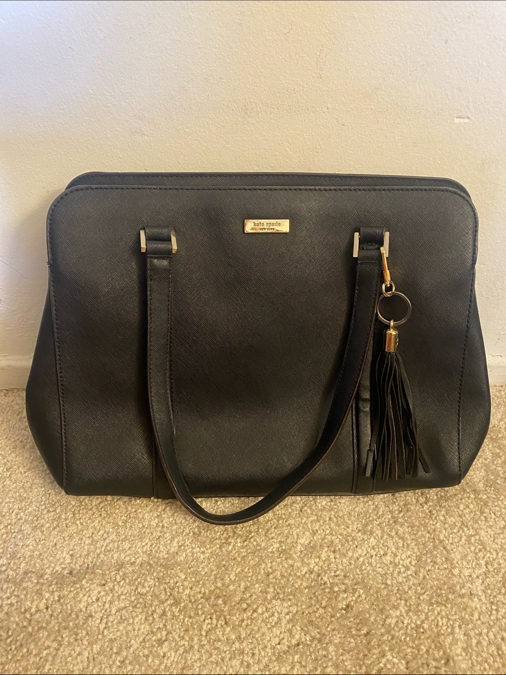 kate spade Black Saffiano Leather Tote with Tassel Charm